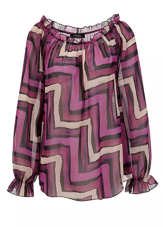 Aniston Graphic Print Carmen Blouse – Lightweight Zigzag Chiffon Top
