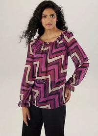 Aniston Graphic Print Carmen Blouse – Lightweight Zigzag Chiffon Top